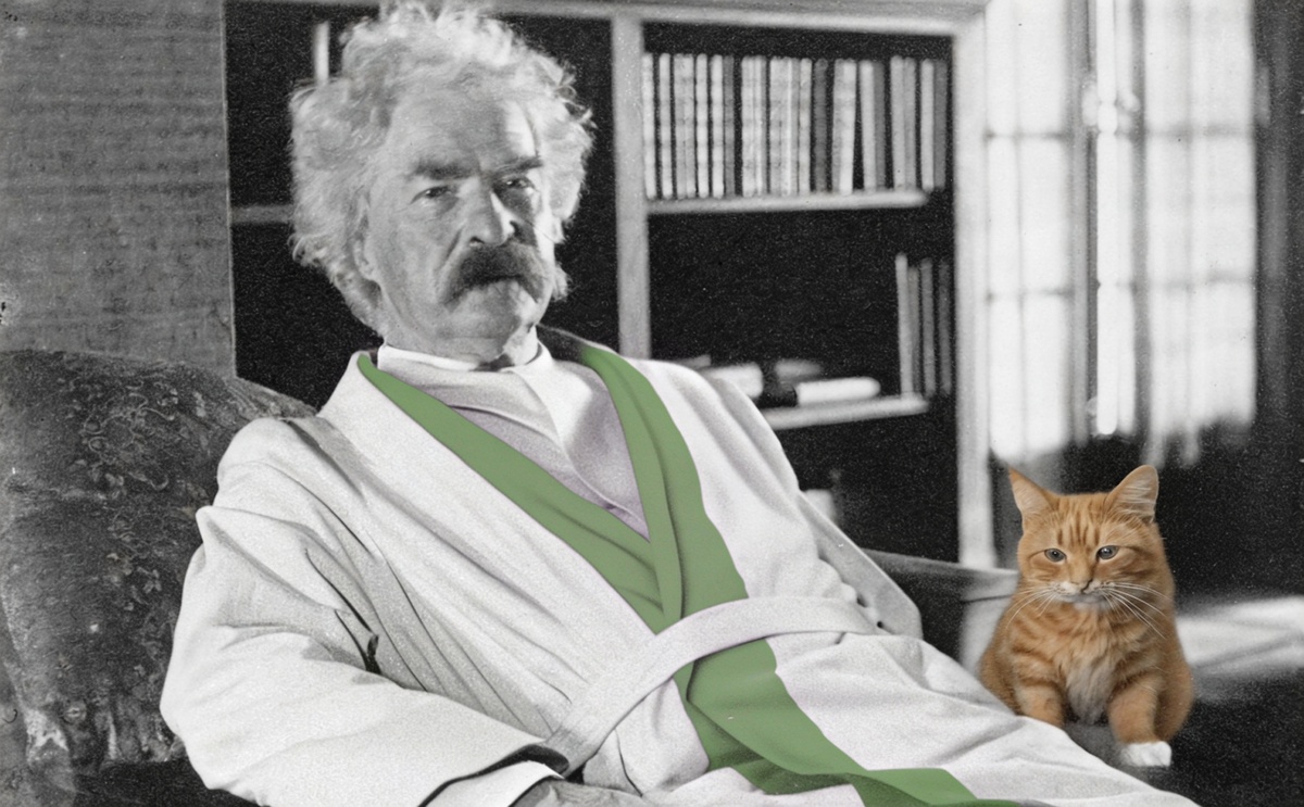 Сгенерировано ИИ на основе реальной фотографии Марка Твена в строгом костюме. Котик - тоже подарок от нейронки! 😀