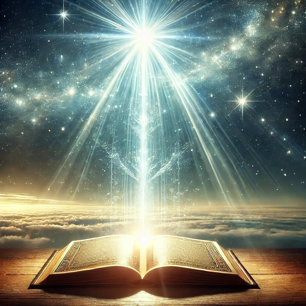 Изображение,  передаёт Божественный Свет, приближаясь к раскрытой книге, символизирующей Истину и духовное знание.