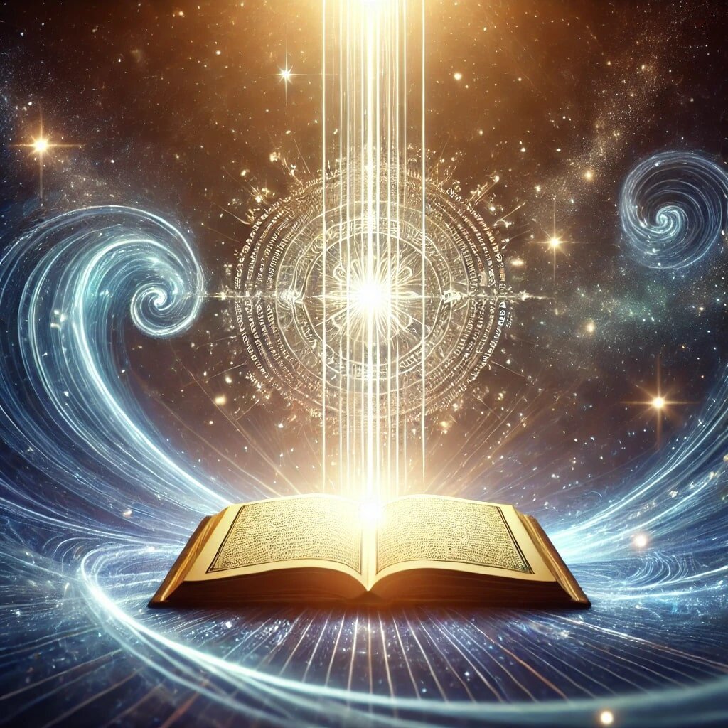 Изображение, передающее Божественный Свет, приближающееся к открытой книге, символизирующей высшую духовную Истину