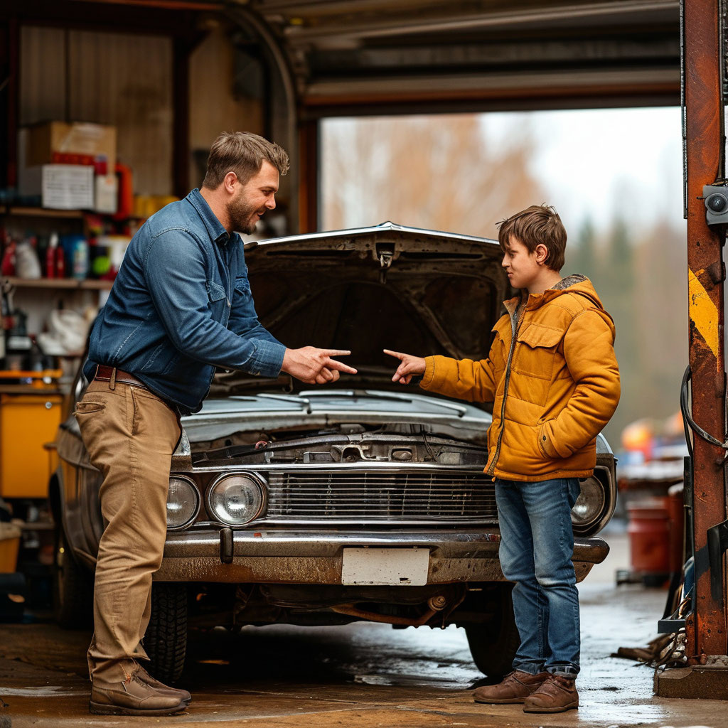 Отец передаёт опыт сыну в ремонте автомобиля 