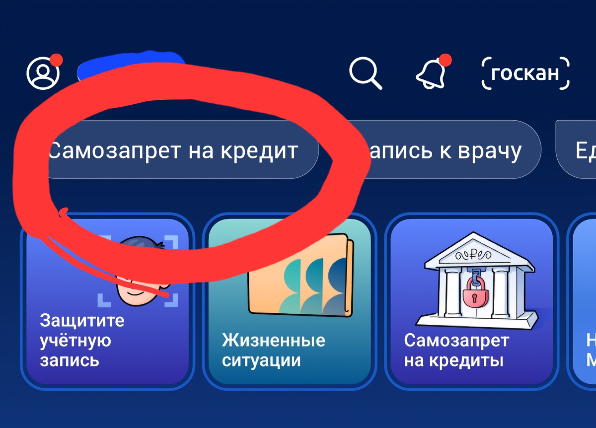 Кнопка "Самозапрет на кредит" в  верхнем левом углу приложения "Госуслуги" 