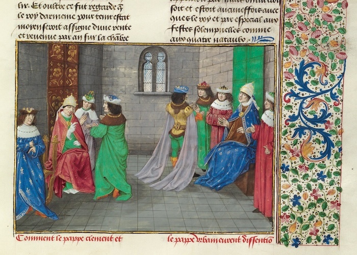 Папа Урбан VI и антипапа Климент VII в начале Великого раскола, 1378 г. Миниатюра из «Хроник» Жана Фруассара, XV век, 1480-83 гг. 