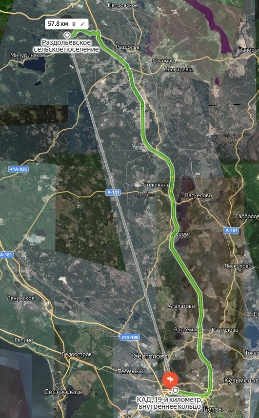 Маршрут и расстояние до озера Лесное.