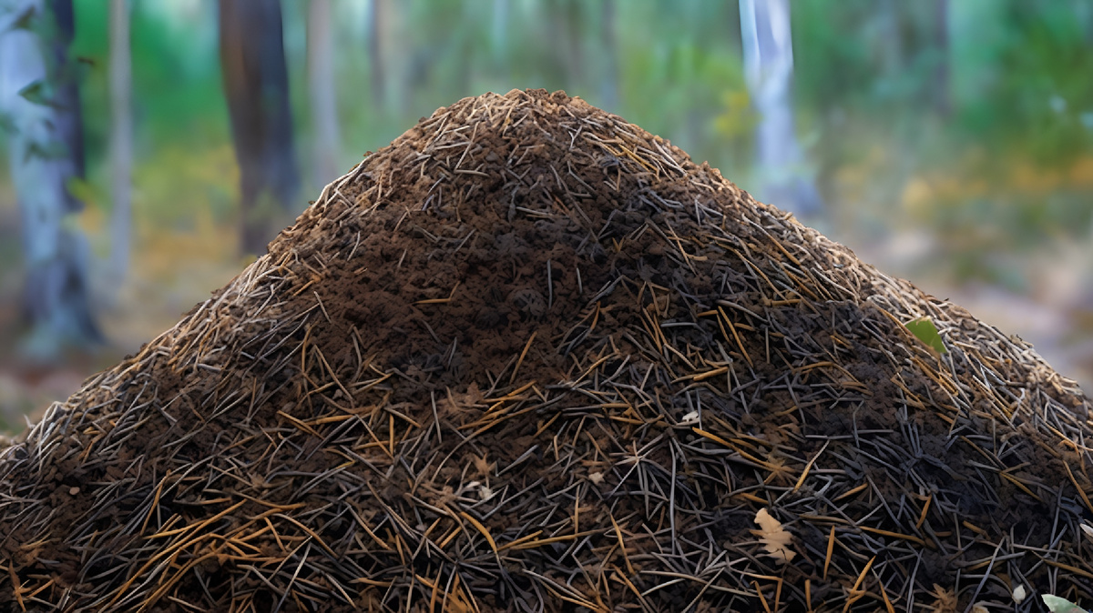 Муравейник выглядит как куча из кусочков листьев, хвои, веточек и земли.