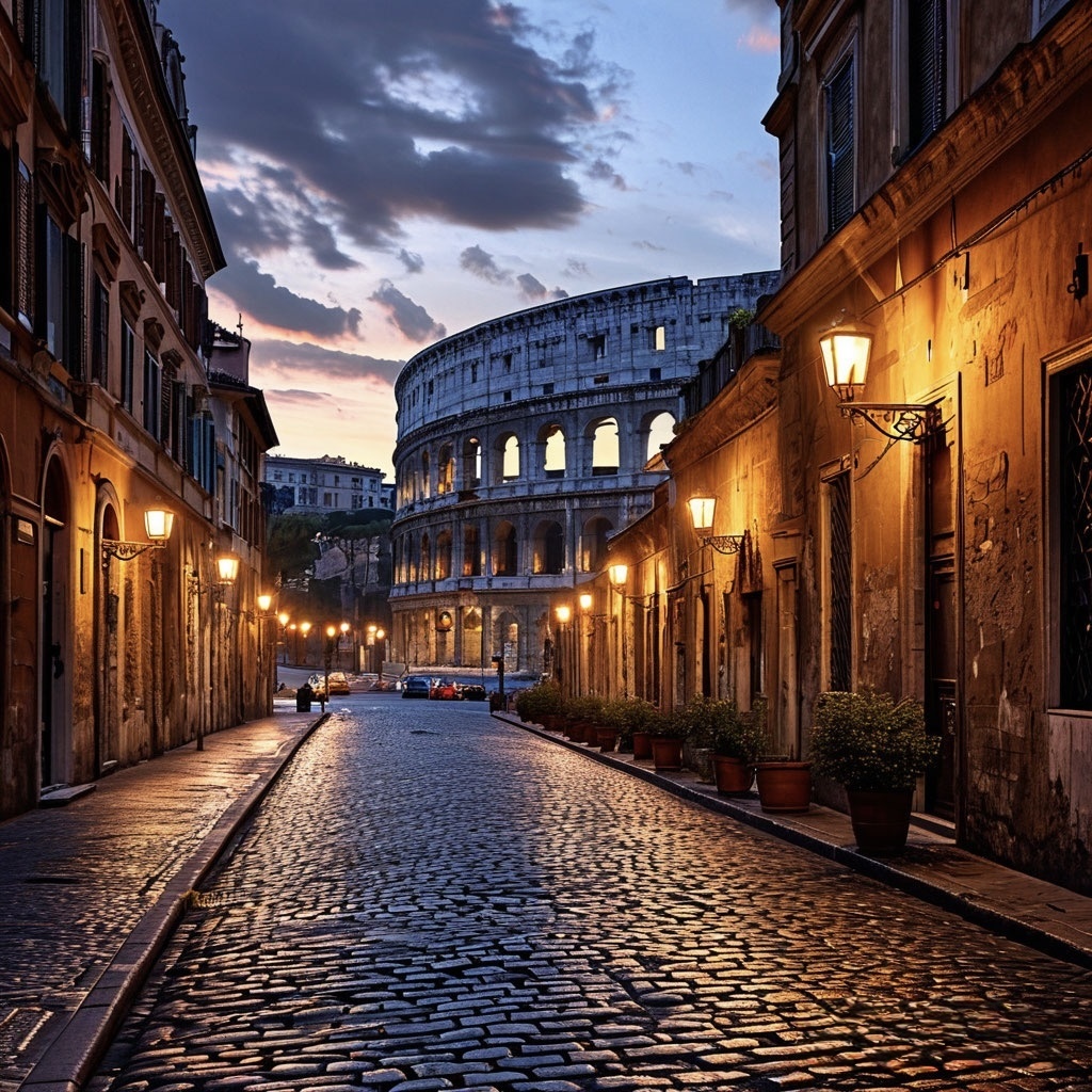 Старинная брусчатая улица, в глубине виднеется контур Колизея, тёплый свет фонарей.