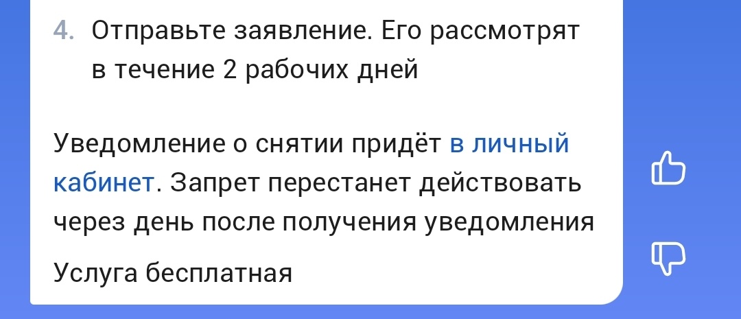 Запрет перестает действовать не в ту же минуту, а на следующий день. Скриншот из Госуслуг