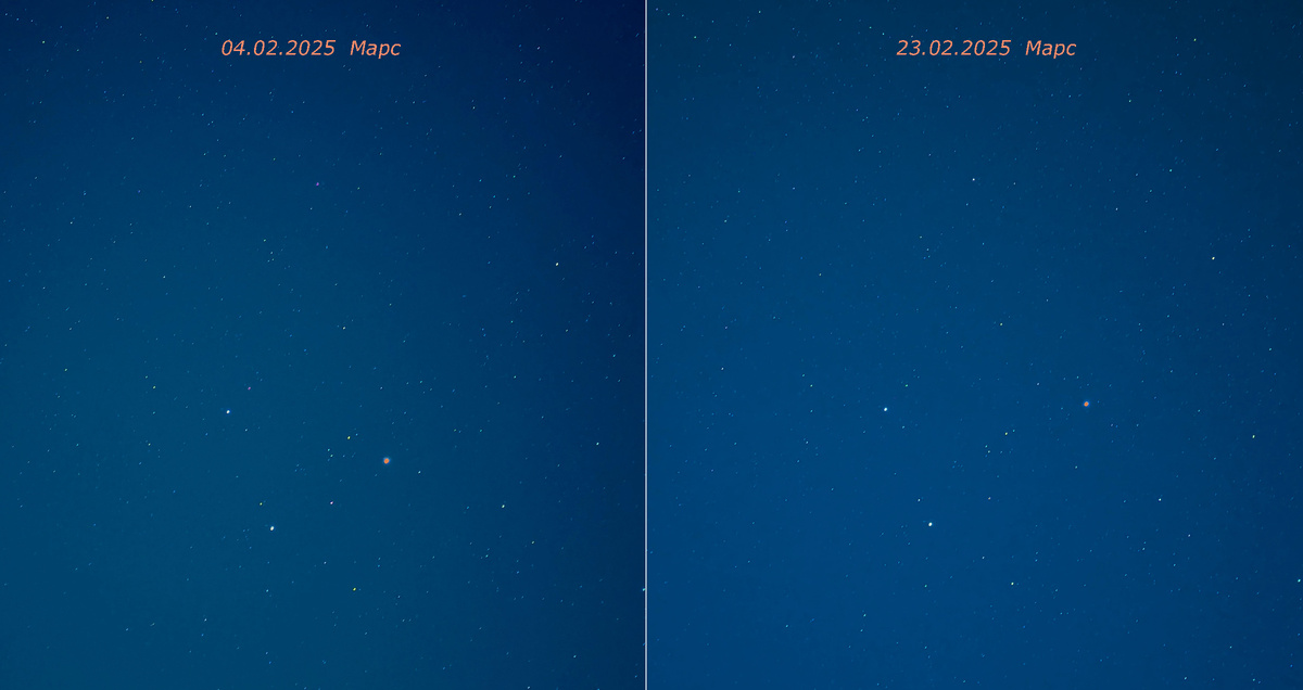 Движение Марса (красно оранжевый) с 04 по 23 февраля относительно звёзд. 