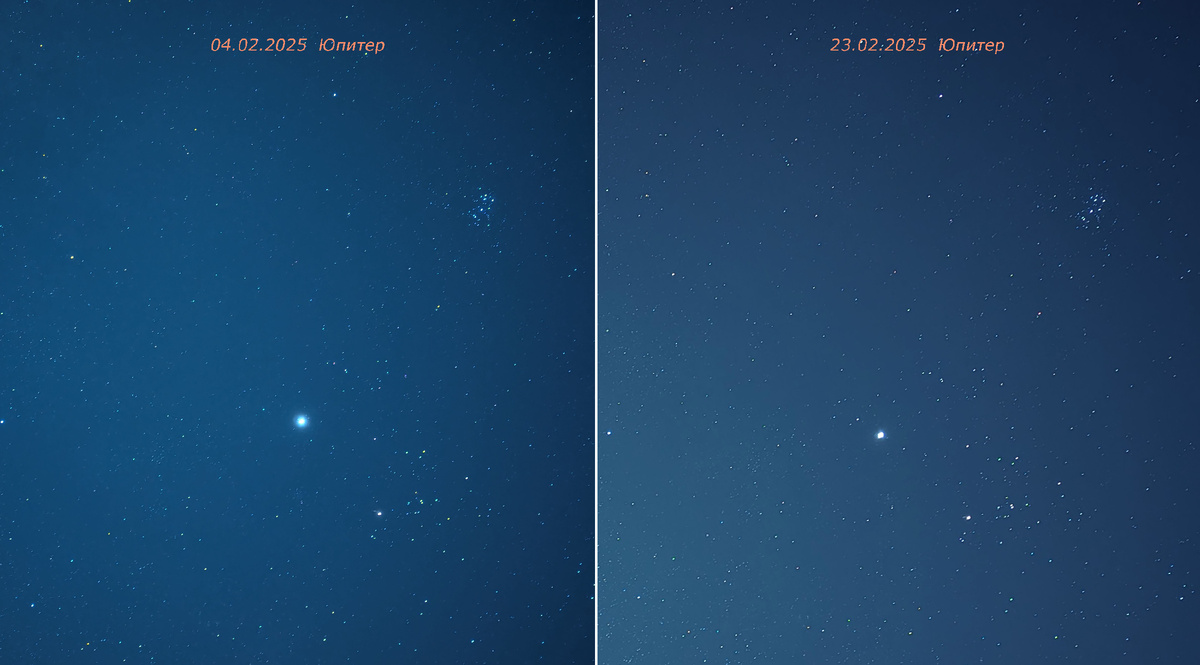 Изменение положения Юпитера с 04 по 23 февраля на фоне звезд. Видно, что движение реверсивное относительно звёзд для наблюдателя с Земли. Правее Юпитера, через несколько звёзд, находится Уран.