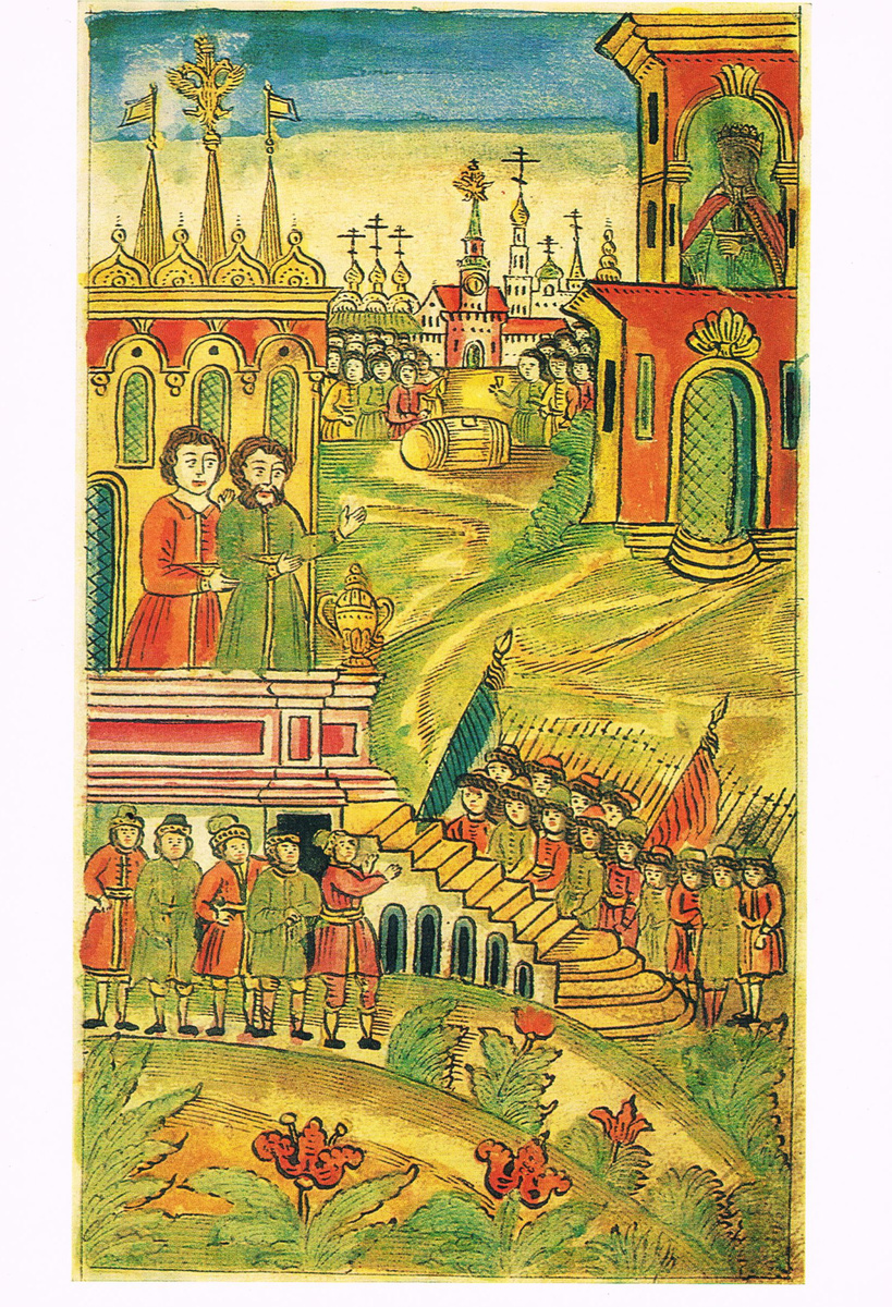 С этого начиналось правление Петра - с восстания стрельцов. Действие происходит в Кремле - слева князь М. Долгорукий и боярин А.Матвеев убеждают стрельцов, ворвавшихся в Кремль, разойтись.