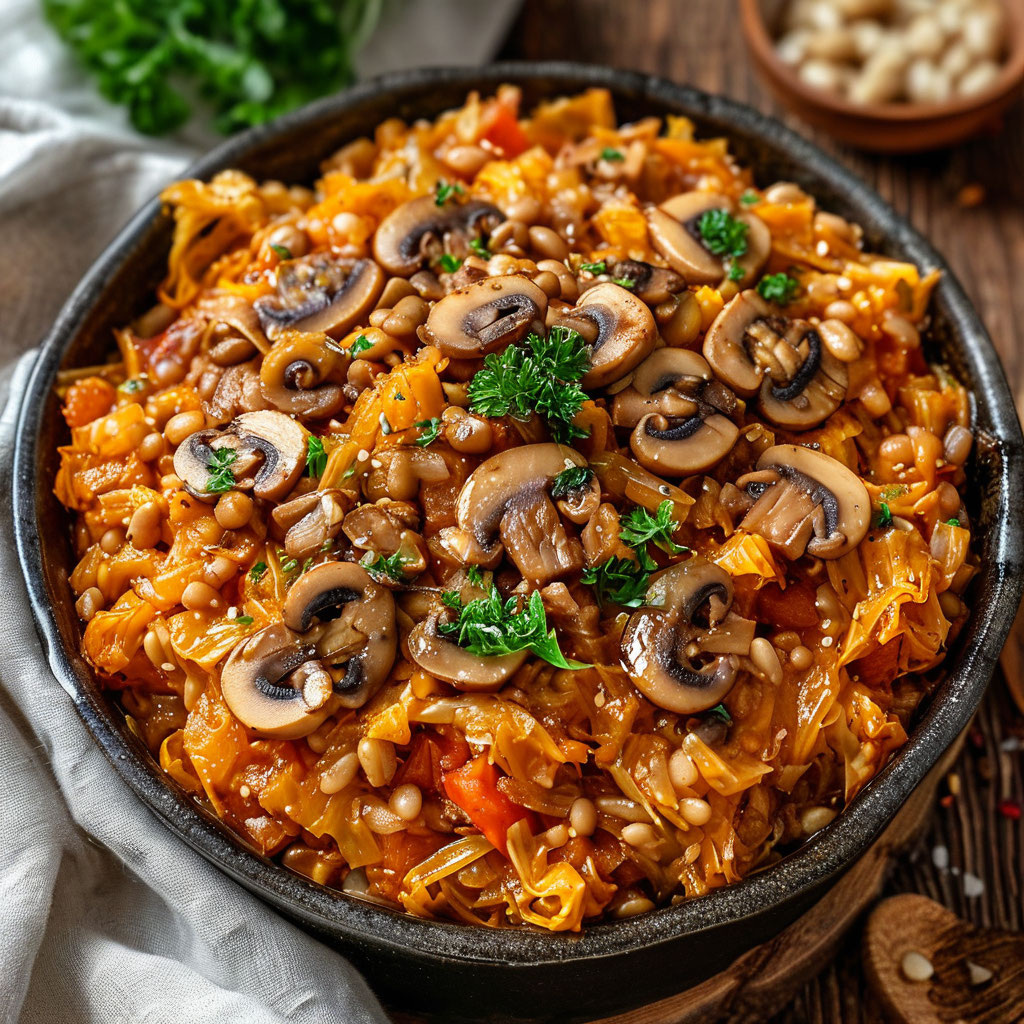 Тушеная капуста с фасолью и грибами: сытное и ароматное постное блюдо!