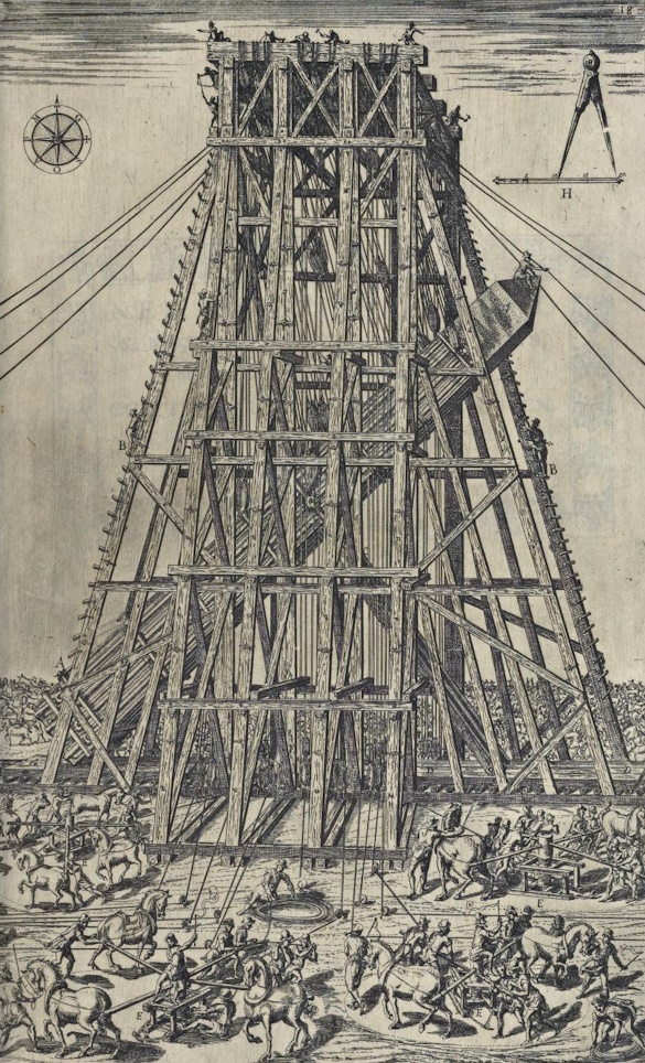 Рис. 5. Фонтана, художник, Бонифацио Сибенико (Bonifacio of Sibenico), гравер. - «Аппарат для поднятия обелиска» Доменико Фонтаны. - Из «Della Transportatione dell' Obelisko Vaticano», Доменико Фонтана, Рим, 1590 г.