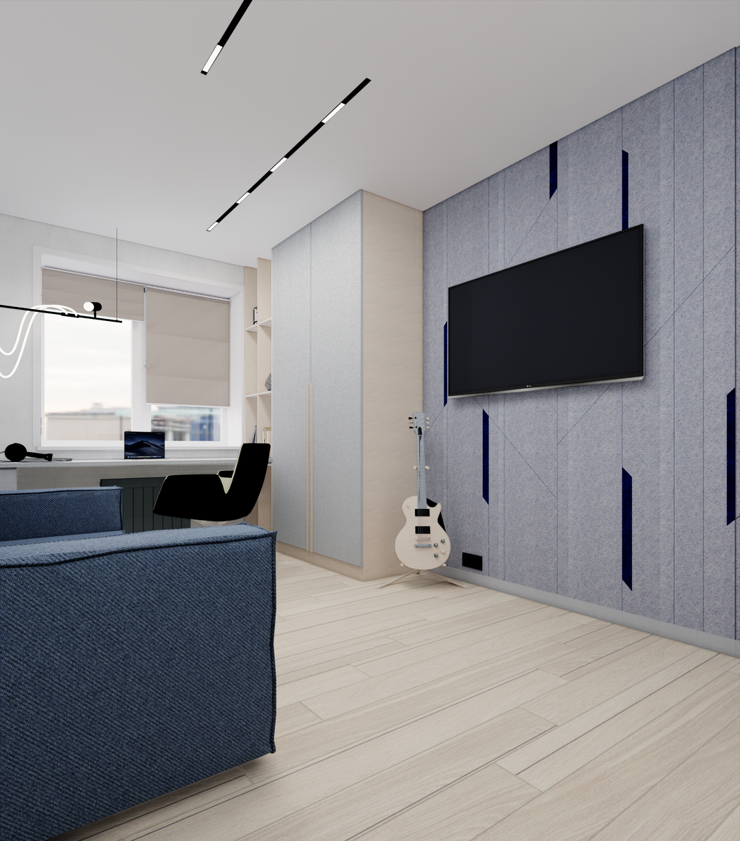 На стене с тв звукоизолирующая стеновая панель с индивидуальным рисунком. Визаулизация ЖК квартира 2х комнатная, автора.