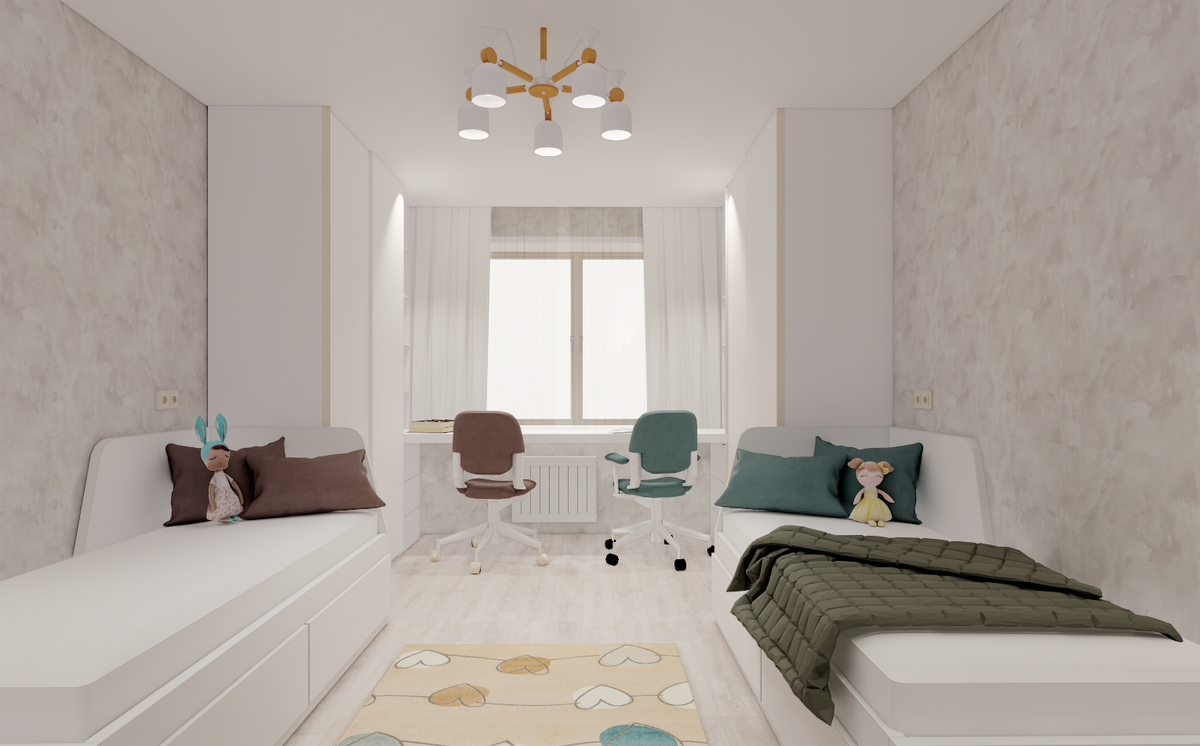 Комната для близнецов в нейтральной цветовой гамме столешница общая и много закрытых шкафов позволяют поддерживать порядок. Визаулизация автора новый квартал в спальном районе.