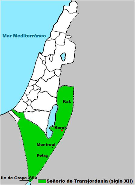 Зелёным цветом на карте показаны владения сеньории Трансиордания на пике могущества Иерусалимского королевства (середина ХII века). Источник: https://ru.wikipedia.org/wiki/Файл:Transjordania.png
