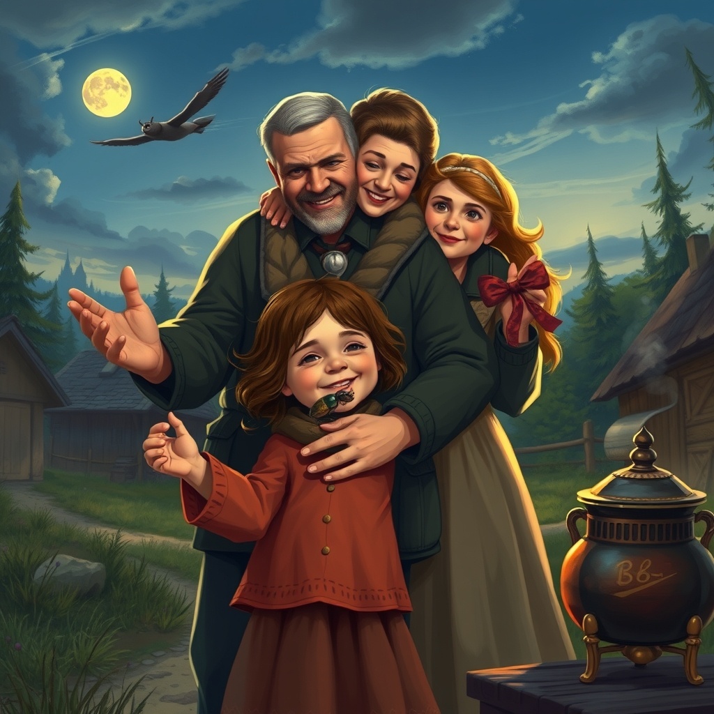 изображение, которое иллюстрирует трогательную сцену возвращения Василия Михайлова домой с войны. Он обнимает свою жену Ольгу и дочь Киру, которая с восторгом держит на ладони жука-носорога. Фон изображает мирную деревенскую обстановку с мягким лунным светом, создающим атмосферу радости и надежды.