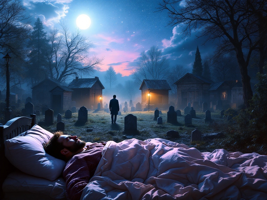    К чему такое снится: Я бы изобразил одинокую фигуру, идущую между могилами на кладбище. Вокруг расположено несколько старых сарайчиков. Солнце светит, освещая сцену, подчеркивая детали б