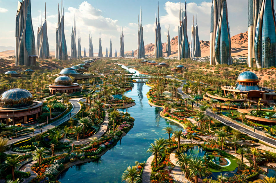 Так мог бы выглядеть город в пустыне, в котором расположится штаб-квартира ООГ. Изображение сгенерировано при помощи искусственного интеллекта
