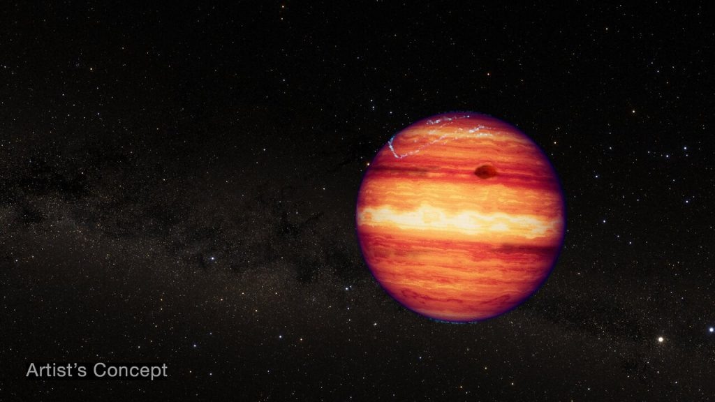    This artist’s concept shows what the isolated planetary-mass object SIMP 0136 could look like based on recent observations from the NASA/ESA/CSA James Webb Space Telescope. SIMP 0136 has a mass about 13 times that of Jupiter. Although it is thought to have the structure and composition of a gas giant, it is not technically classified as an exoplanet because it doesn’t orbit its own star. The colors shown in the illustration represent near-infrared light, which is invisible to human eyes. SIMP 0136 is relatively warm — about 825 degrees Celsius or 1,100 kelvins — but is not hot enough to give off enough visible light to see from Earth, and is not illuminated by a host star. The bluish glow near the poles represents auroral energy (light given off by electrons spiraling in a magnetic field) which has been detected at radio wavelengths. Researchers used NIRSpec (Near-infrared Spectrograph) and MIRI (Mid-Infrared Instrument) to monitor the brightness of SIMP 0136 over two full rotations in July 2023. By analyzing the change in brightness of different wavelengths over time, researchers were able to detect variability in cloud cover at different depths, temperature variations in the high atmosphere, and changes in carbon chemistry as different sides of the object rotated in and out of view. SIMP 0136 is located within the Milky Way, about 20 light-years from Earth, in the constellation Pisces. It is the brightest isolated planet or brown dwarf visible from the Northern Hemisphere, and is thought to be about 200 million years old. This illustration is based on spectroscopic observations. Webb has not captured a direct image of the object. [Image description: Illustration of a gas giant planet or brown dwarf on a background of distant stars.] Александр Шереметьев