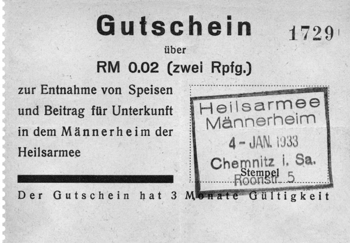 Хемниц: ваучер на 2 рейхспфеннига на питание, обналиченный 4 января 1933 года в Армии спасения.