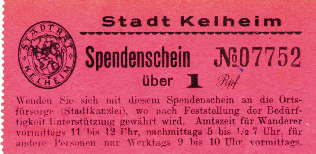 Свидетельство о пожертвовании городу Кельхайм на сумму 1 рейхспфенниг.