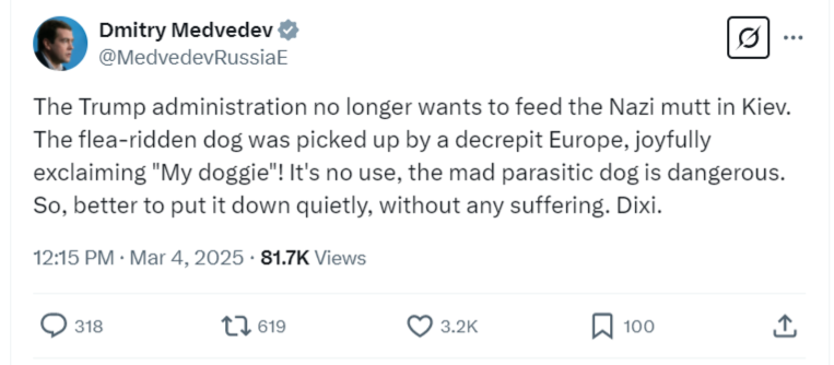    Медведев посоветовал Европе усыпить брошенную США «блохастую нацистскую шавку»