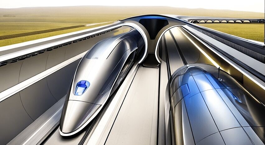    Футуристическая концепция Hyperloop: надземный трубопровод с капсулами, использующими магнитную левитацию и линейные двигатели для движения на сверхвысоких скоростях в вакууме, революционизирующая транспорт будущего.