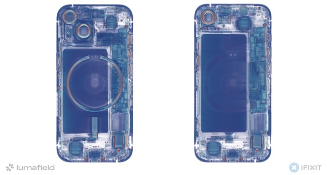    iPhone 15 (слева) и iPhone 16e (справа) под рентгеном