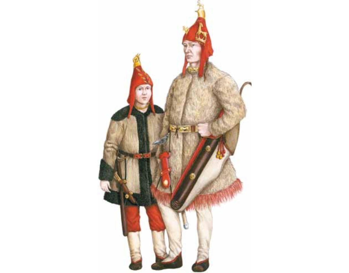 Реконструкция костюма пазырыкцев выполнена Е. В.Шумаковой, рисунок — Д. В. Поздняковым)