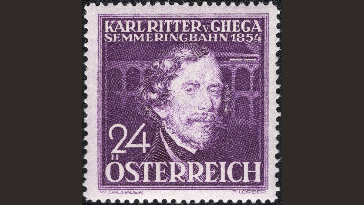 1. Австрия, 1936 год, № 633. Карл Риттер фон Гега (1802-1860), строитель Земмерингской железной дороги.
