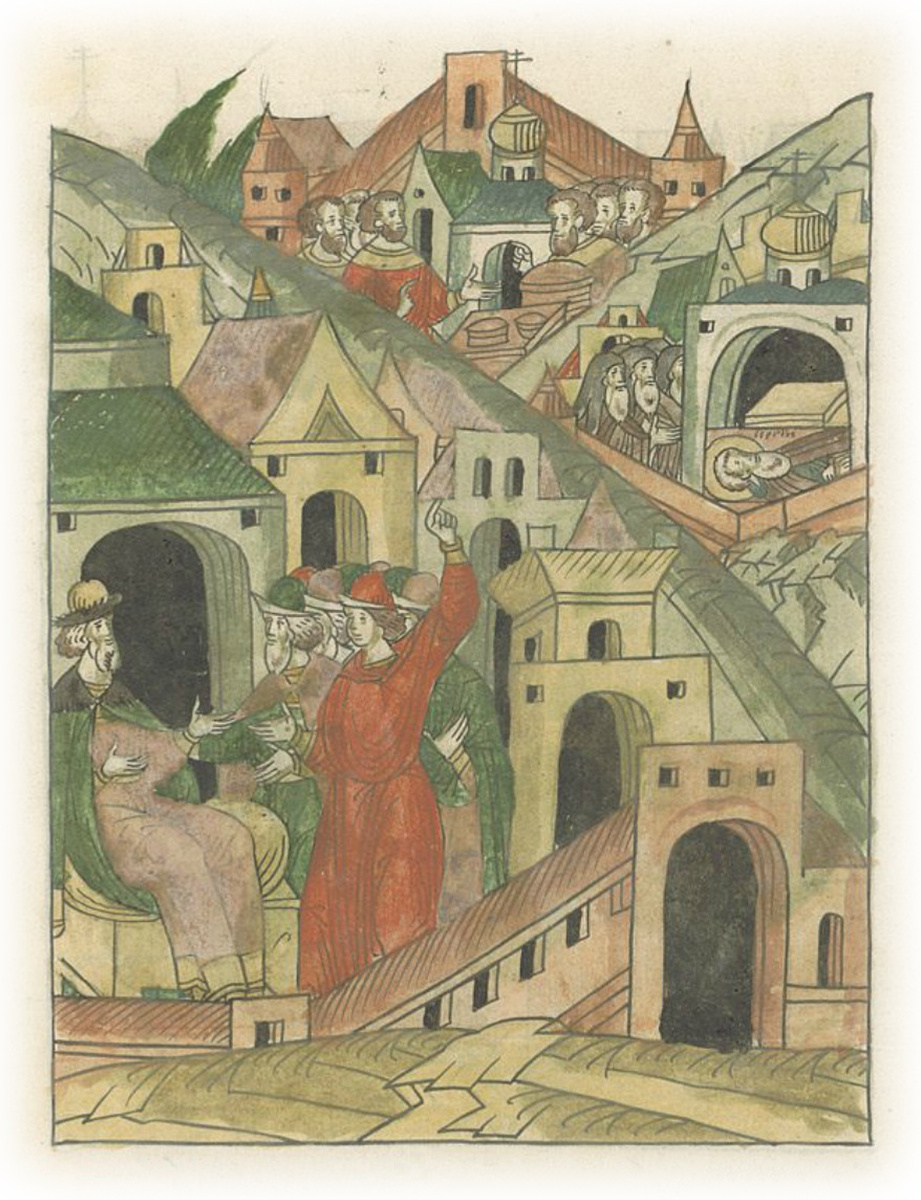 	
Великий князь Иван Васильевич переводит торг от Троицы в городок Радонеж. Книжная миниатюра. 1565-1576 гг.  Из Лицевого летпоисного свода Ивана Грозного