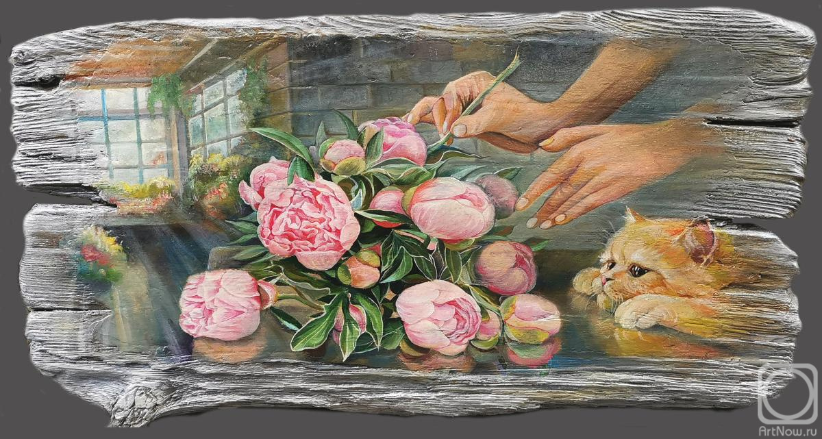 © Сергей Сергеев. Любители пионов. Старое дерево, масло. 50 x 82см. 2023 г.