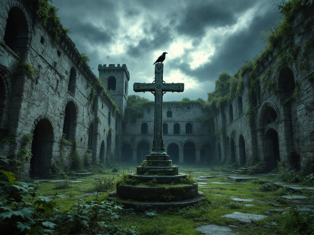 Руины древнего монастыря в тумане