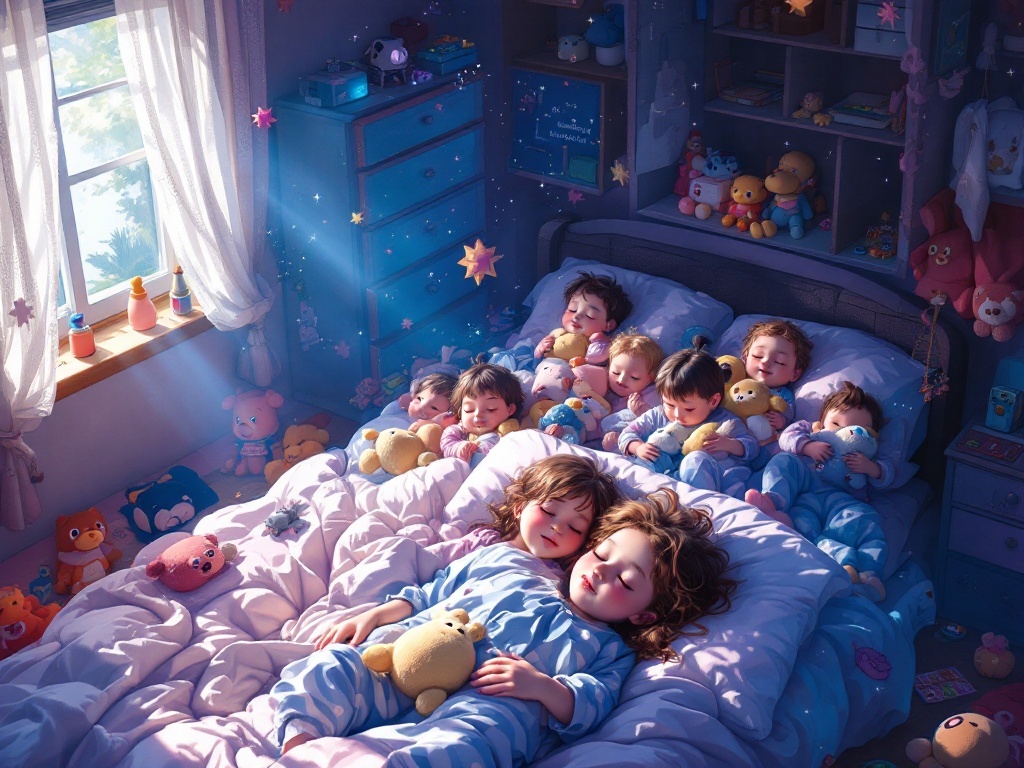    К чему такое снится: Изобрази большую кровать, в которой много детей сидят в пижамах, каждый держит плюшевую игрушку. Комната напоминает детский дом с игрушками в хаотичном порядке, откр