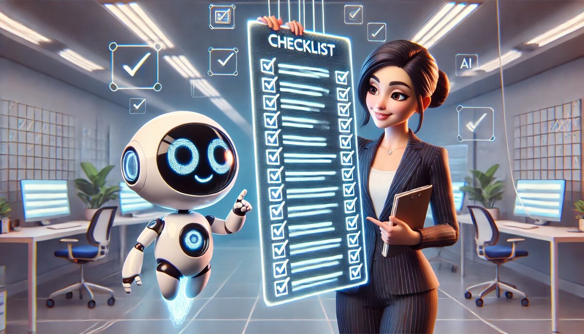 Коуч держит цифровой чек-лист, AI-ассистент помогает с контент-стратегией, структура публикаций для коучей, искусственный интеллект в копирайтинге, организация контента, создание эффективных постов, визуализация плана работы, AI-помощник в маркетинге