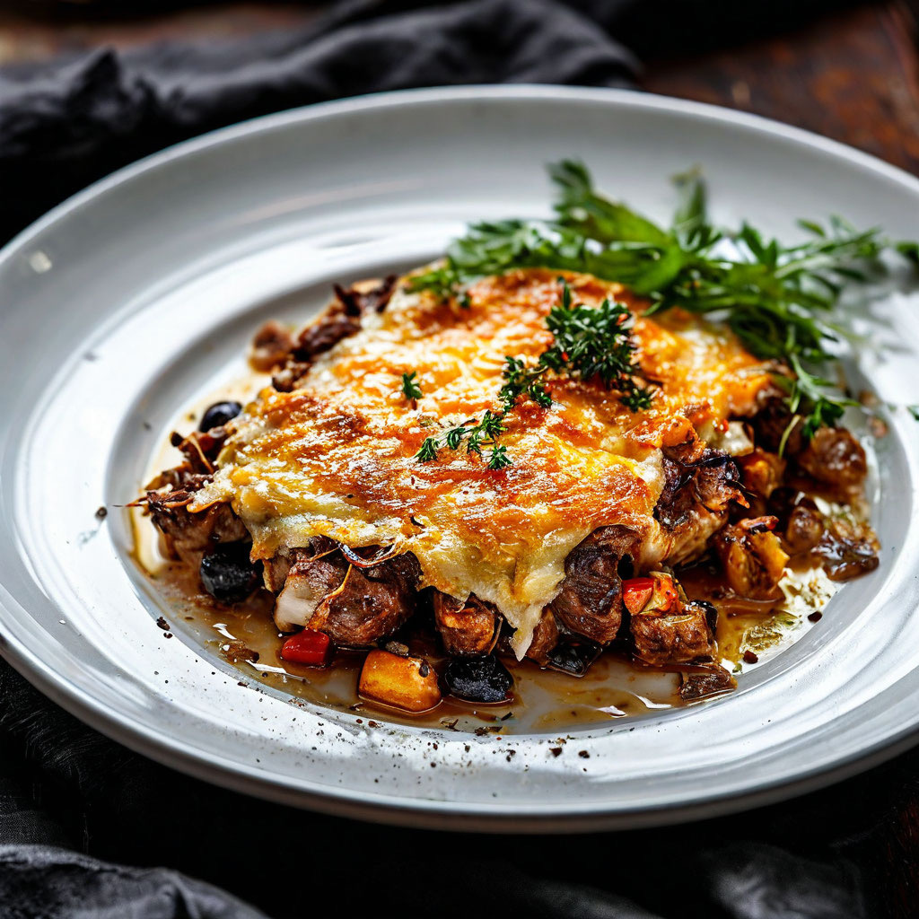 Мясо по французски на белой тарелке