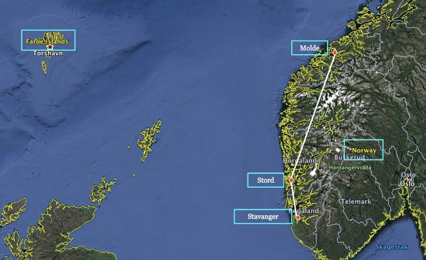 Маршрут рейса 670 по территории Норвегии и расположение Фарерских островов. (Google)