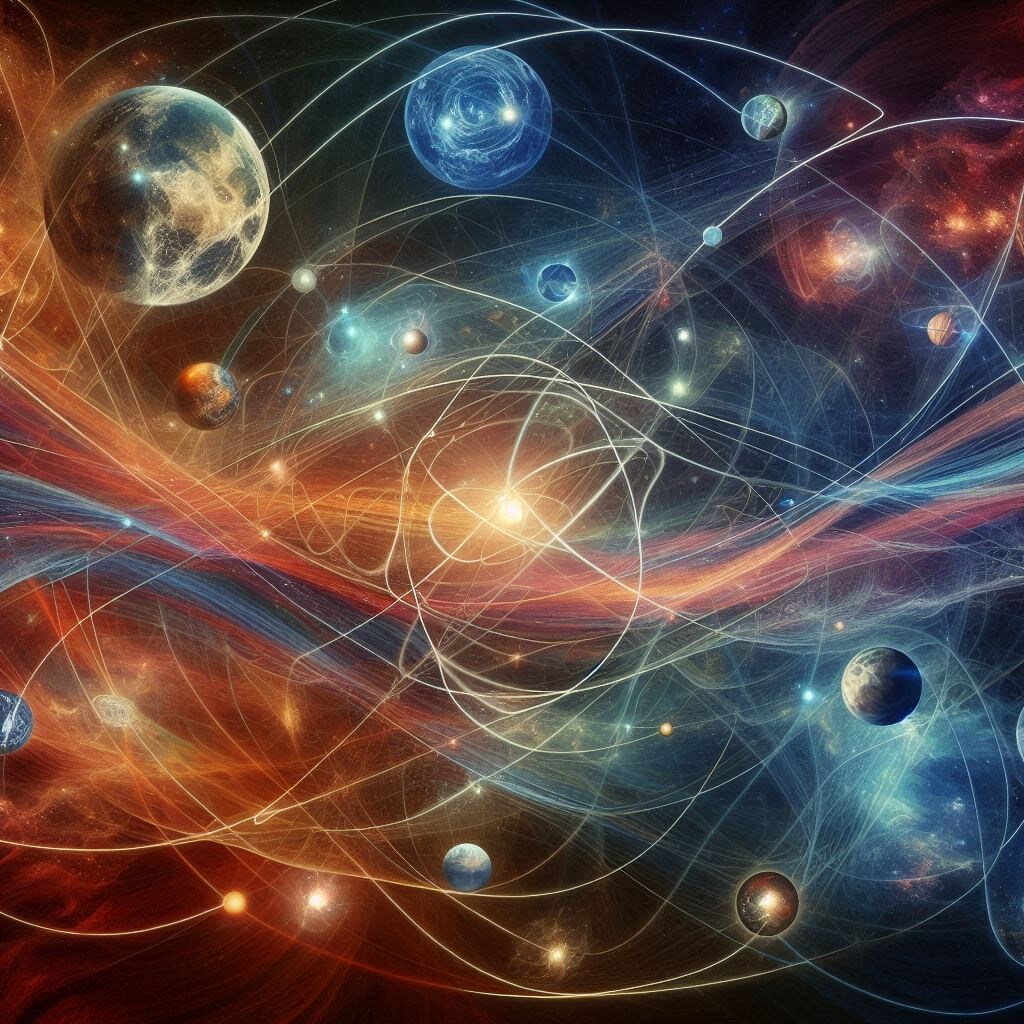 Художественная интерпретация квантовой запутанности, изображающая связь между различными "мирами"