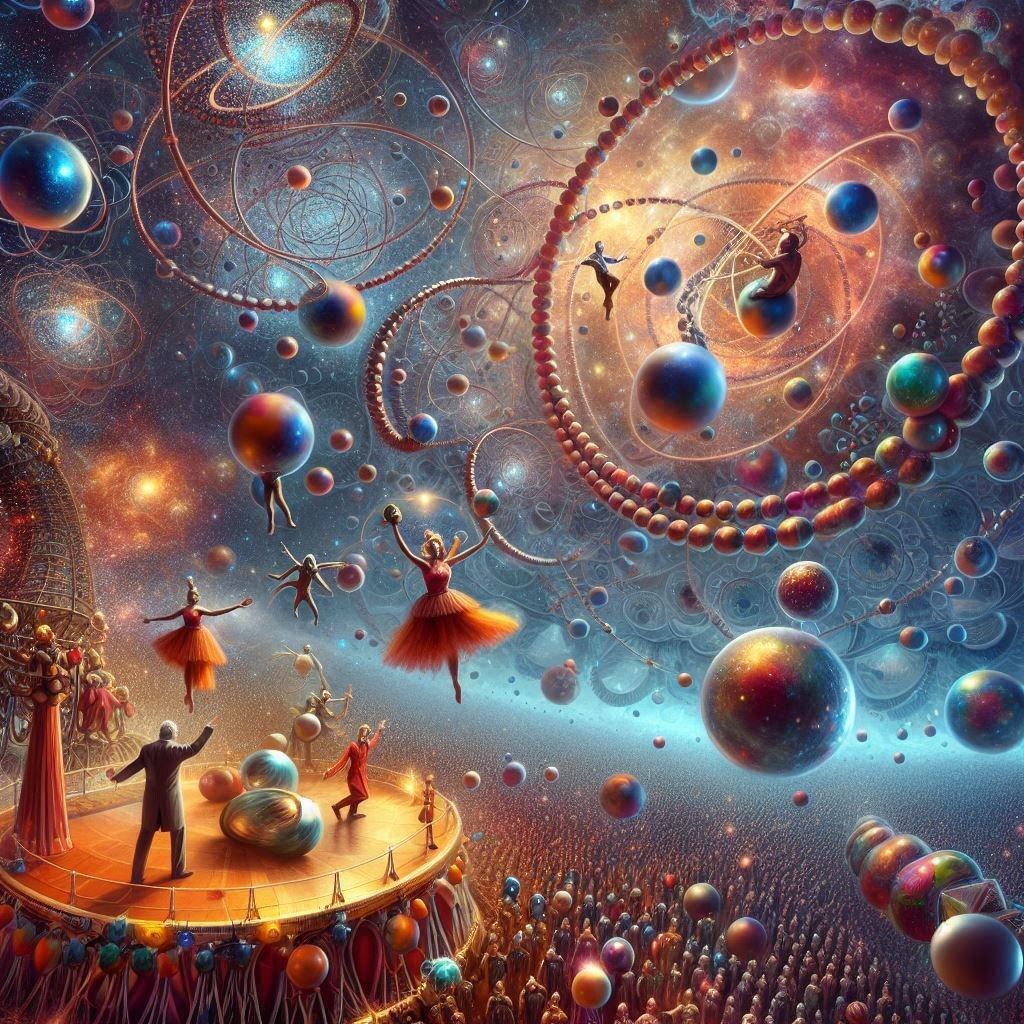 сюрреалистичное изображение микромира, где квантовые частицы представлены в виде цирковых акробатов и жонглеров