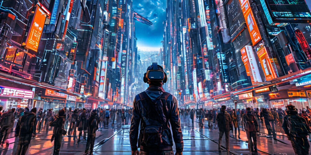    Человек в VR-гарнитуре исследует виртуальный городской пейзаж, демонстрирующий влияние виртуальной реальности на современную жизнь.