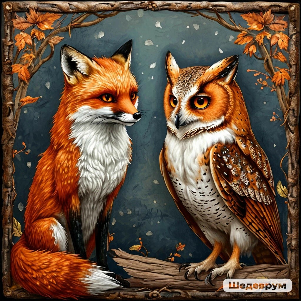 Лиса и филин. Создано нейросетью Шедеврум. 