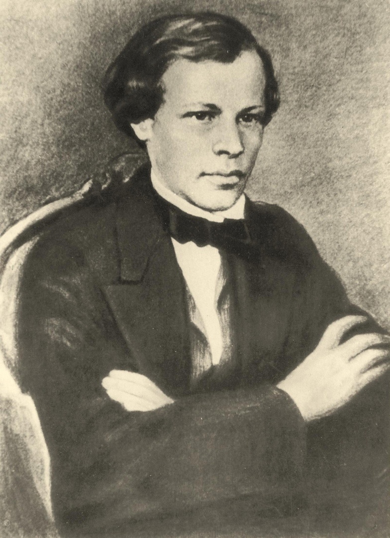 Портрет Д.И. Менделеева работы М.Б. Белявского. Акварель по фотографии 1850 г. ГБУТО Государственный архив в г. Тобольске. СИФ. № 7765. С. 44.