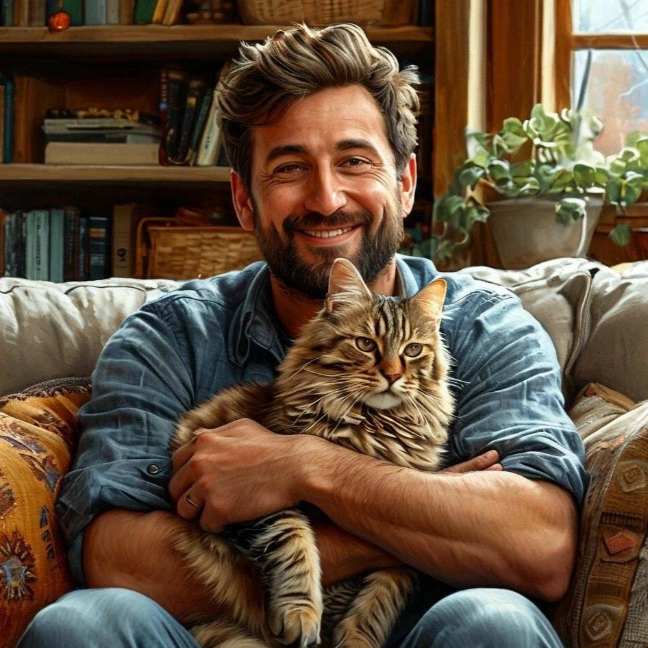 Человек счастлив, а котик испытывал радость несколько секунд назад... Изображение сгенерировано на платформе Шедеврум