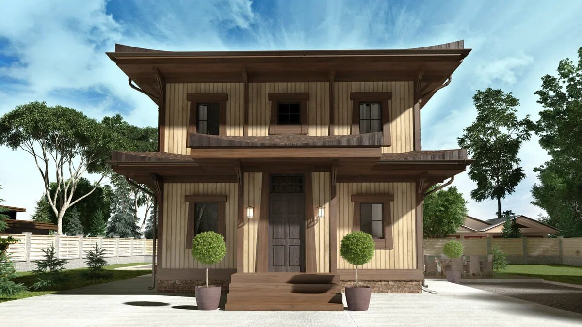 Фронтальный фасад загородного дома из вертикального бруса "Азия" от NATURI