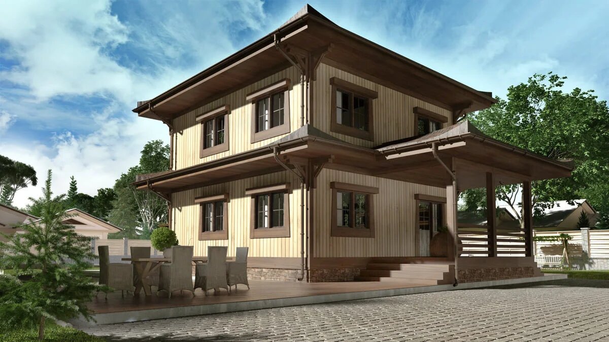 Обзор фасада загородного двухэтажного дома по проекту "Азия" компании NATURI