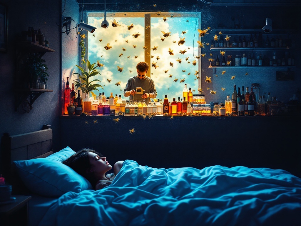    К чему такое снится: На картине изображен человек, который в магазине снимает с витрины масла и складывает их в кучу, обращая внимание на видеокамеры. За окном виден рой пчел, собирающих