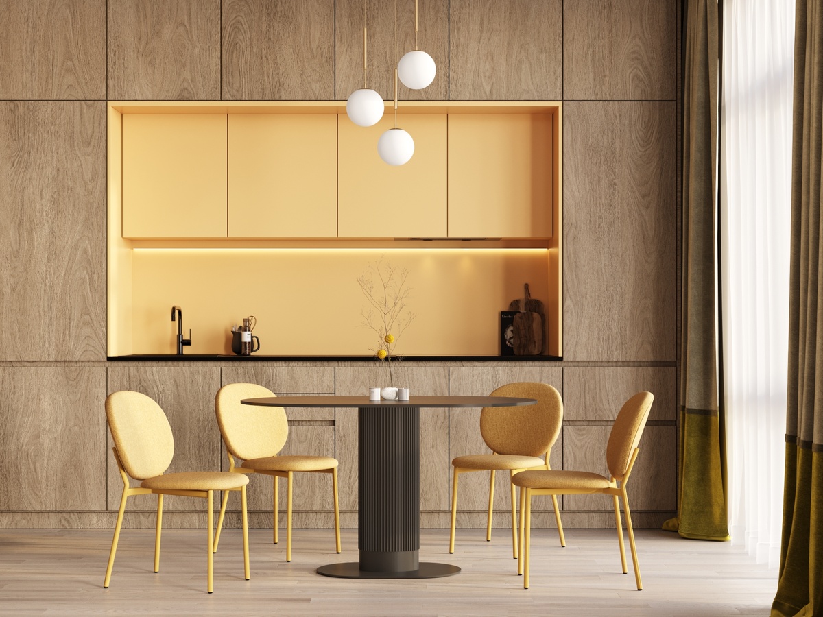 Стул обеденный Pip желтый, Стол Mystery 130х80 черный, Подвесной Moderli V2850-1P Host