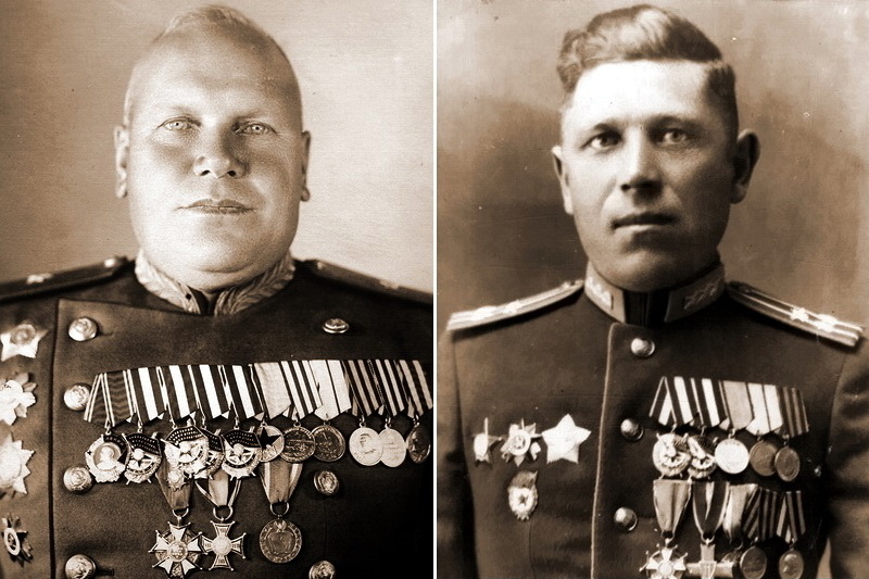 Слева командир 32-й кавалерийской дивизии Александр Фёдорович Чудесов, справа начальник штаба 20-го гвардейского кавалерийского полка Василий Петрович Суханов (послевоенные фото)
