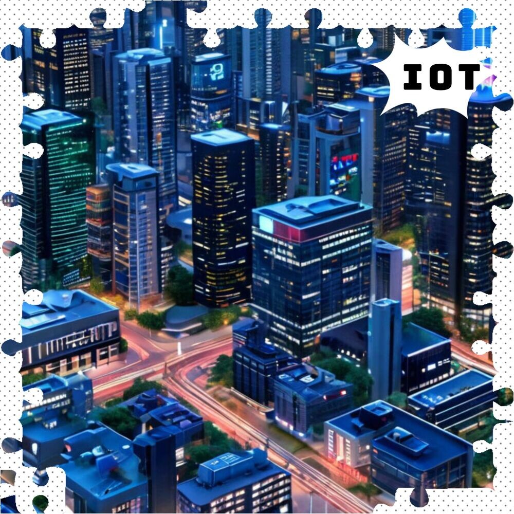    Схема умного города с интеграцией IoT-технологий для управления транспортом и коммунальными услугами.