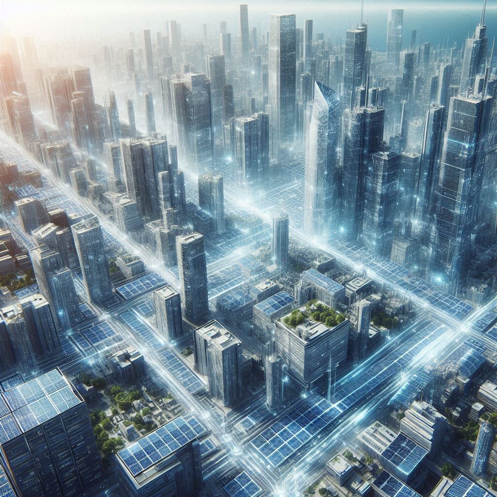 Футуристический городской пейзаж, где солнечные панели "растворены" в зданиях, словно они сами вырабатывают энергию