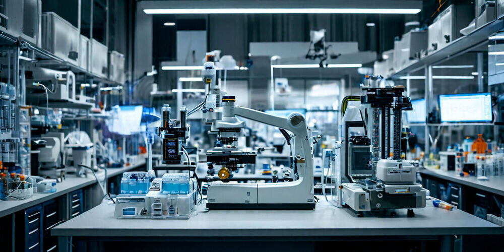    Лаборатория, где ученые работают с генетическим материалом, используя технологии CRISPR-Cas9 и другие методы геномного редактирования для разработки новых биотехнологий.